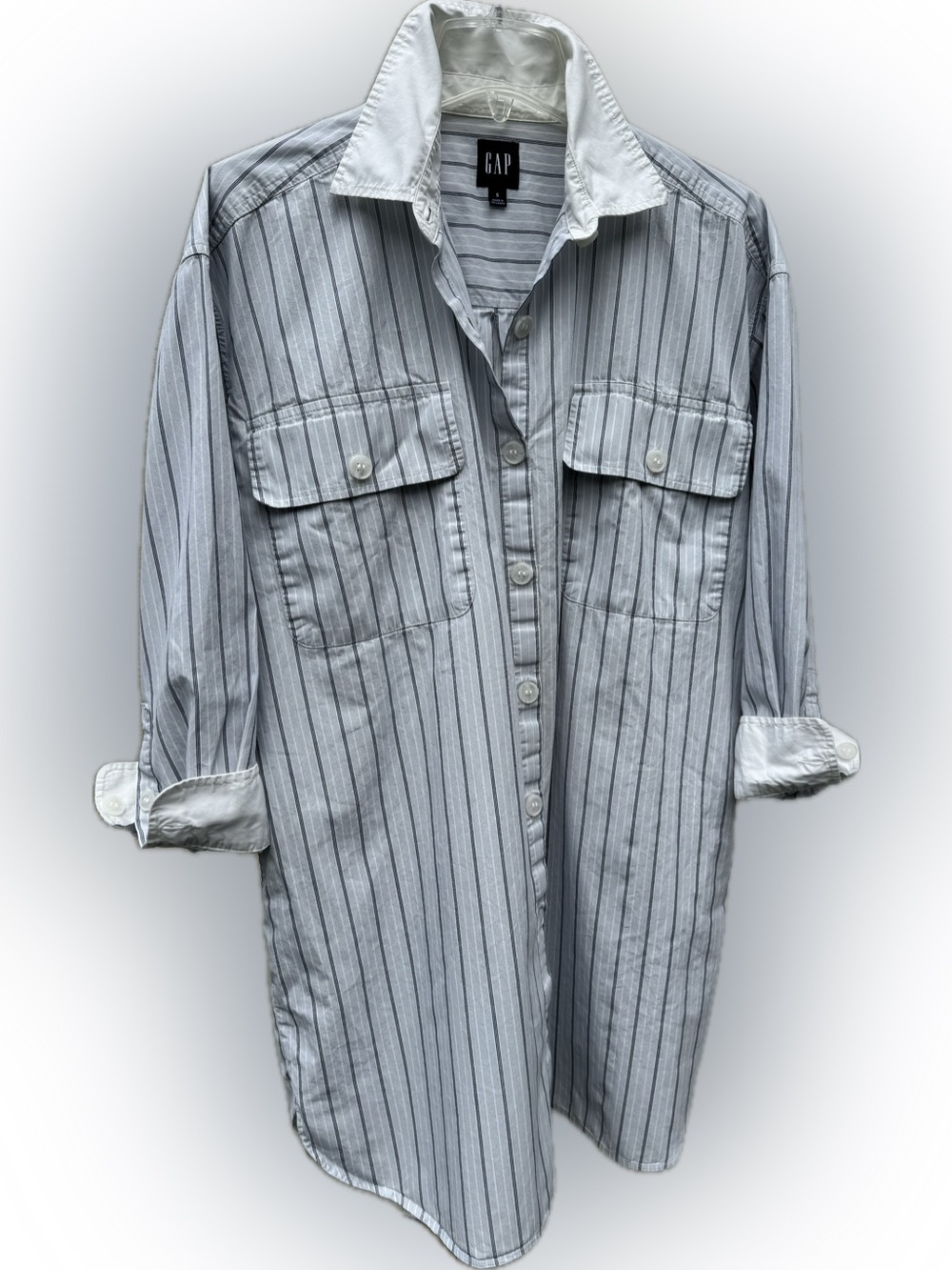 GAP ORGANIC 100% COTTON STRIPED MINI SHIRTDRESS CROSBY BLUE POCKETS OVERSIZED S